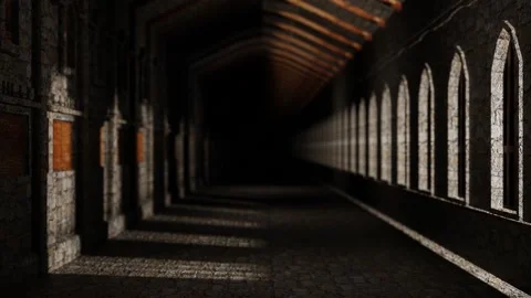 Endless forward movement inside a gray concrete block fortress with windows. 3d  Video stock 301859956