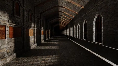 Endless forward movement inside a gray concrete block fortress with windows. 3d  Stock Footage 301859971