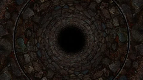 Endless forward movement inside a round pipe paved with stones. 3d render looped Stock Footage 297451644