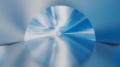 Endless forward movement inside a tunnel of metallic glossy rings against a blue Stock Footage 308311724