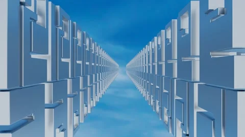 Endless forward movement inside a tunnel of rows of abstract cubic figures again Video stock 309089711