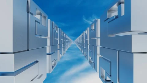 Endless forward movement inside a tunnel of rows of abstract cubic figures again Video stock 309089718