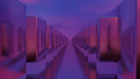 Endless forward movement inside a tunnel of rows of glossy rotating cubes agains Stock Footage 309089794