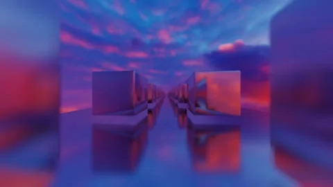 Endless forward movement inside a tunnel of rows of glossy rotating cubes agains Video stock 309089803