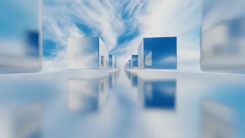 Endless forward movement inside a tunnel of rows of glossy rotating cubes. 3d re Stock Footage 309089805