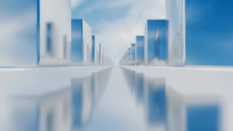 Endless forward movement inside a tunnel of rows of glossy rotating cubes. 3d re Video stock 309089809