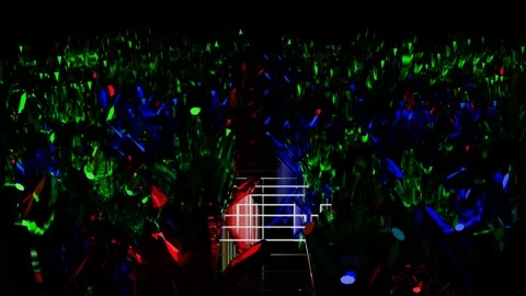 Endless forward movement over dark field of red green and blue crystals. 3d rend Stock Footage 310882221