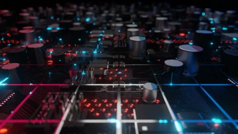 Endless forward movement over a stylized motherboard with a flashing blue grid.  Stock Footage 256807853
