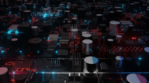 Endless forward movement over a stylized motherboard with a flashing blue grid.  Stock Footage 256807907