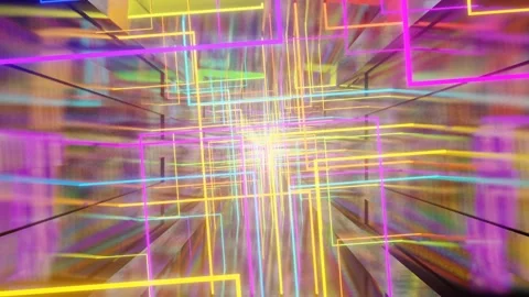 Endless forward movement through rotating multi-colored glowing rectangular fram Video stock 299275353
