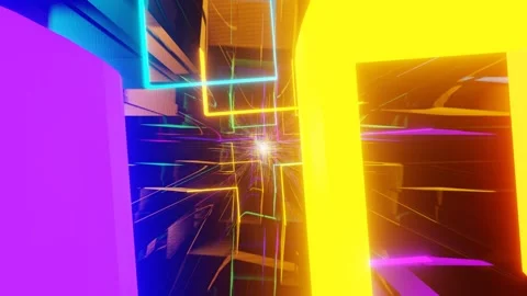 Endless forward movement through rotating multi-colored glowing rectangular fram Stock Footage 299275544