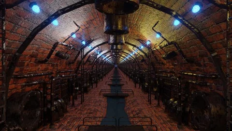 Endless forward movement through a tunnel with rusty pipes. steampunk sewer. loo Stock Footage 297373946