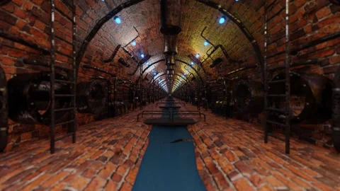 Endless forward movement through a tunnel with rusty pipes. steampunk sewer. loo Видео 297373947
