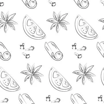 Endless freehand drawing pattern of citrus slice, clove, cinnamon and star anise Stock Illustration