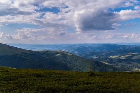 Endless gently sloping mountain ranges with a huge number of green tall trees Stock Photos