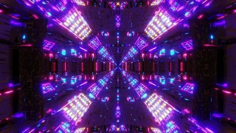 Endless glowing lights on futuristic sci-fi hangar tunnel corridor with nice Stock Illustration