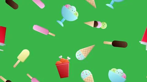 Endless green seamless pattern of delicious food and snack items icons set fo Stock Illustration
