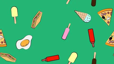 Endless green seamless pattern of delicious food and snack items icons set fo Stock Illustration