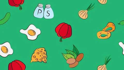 Endless green seamless pattern of delicious food and snack items icons set fo Stock Illustration