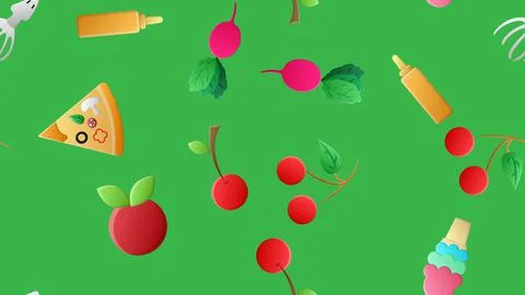 Endless green seamless pattern of delicious food and snack items icons set fo Illustrazione stock
