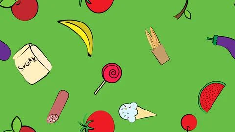 Endless green seamless pattern of delicious food and snack items icons set fo Stock Illustration