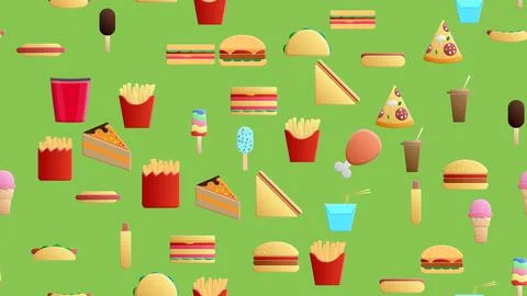 Endless green seamless pattern of delicious food and snack items icons set fo Stock Illustration