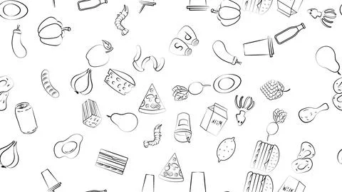 Endless green seamless pattern of delicious food and snack items icons set fo Stockillustratie