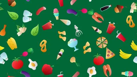 Endless green seamless pattern of delicious food and snack items icons set fo 스톡 일러스트