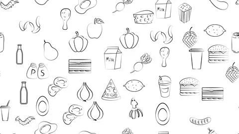 Endless green seamless pattern of delicious food and snack items icons set fo Stock Illustration