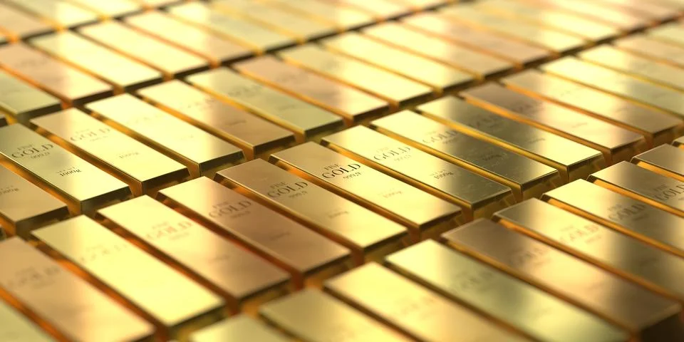 Endless Grid of Golden Bars - 3d illustration Stock Illustration