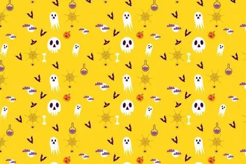 Endless Halloween pattern design with different scary elements on a yellow ba Illustrazione stock