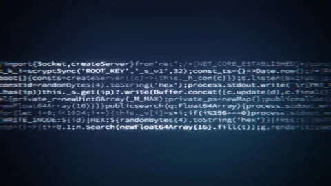 Endless lines of source code typing and scrolling on a dark blue computer screen 库存影片 347809005