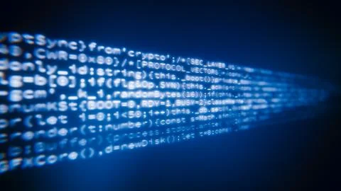 Endless lines of source code typing and scrolling on a dark blue computer screen Stock Illustration