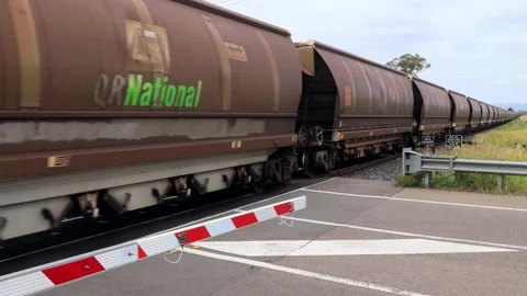 Endless long wagons of freight train in Hunter vally of Australia carrying coal Stock Footage 271623066