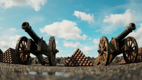 Endless looping animation of armed vintage cannons ready to shoot during war. 4K Stock Footage 201177317