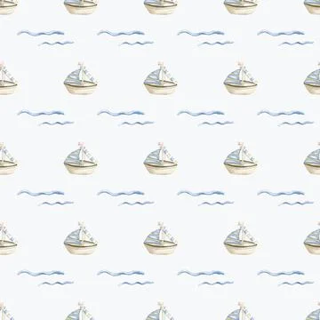 Endless marine pattern design featuring watercolor boats on a soft blue bac.. Stock Illustration
