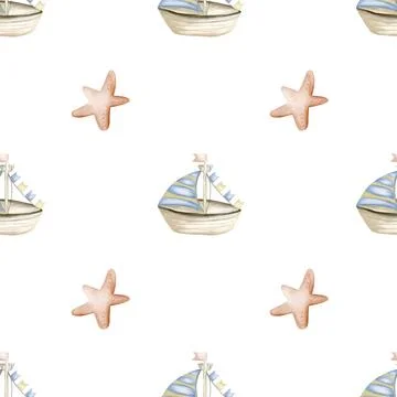 Endless marine pattern featuring watercolor boats and starfish in soft baby.. Stock Illustration