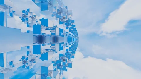 Endless movement of abstract cubic glossy figures against blue sky with white cl Stock Footage 308806007
