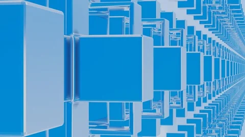 Endless movement of abstract cubic glossy figures against blue sky with white cl Video stock 308806009