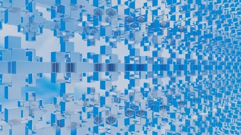 Endless movement of abstract cubic glossy figures against blue sky with white cl Video stock 308806026