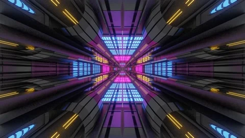 Endless movement along a sci-fi futuristic corridor with purple and blue glowing Stock Footage 260831839
