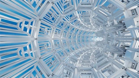 Endless movement inside openwork wireframe round tunnel on blue background. 3d r Stock Footage 304650223