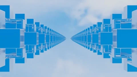 Endless movement inside a tunnel of rows of abstract cubic glossy figures agains Video stock 308805979