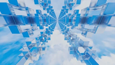 Endless movement inside a tunnel of rows of abstract cubic glossy figures agains Stock Footage 308806001