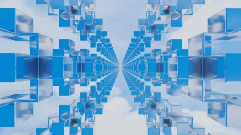 Endless movement inside a tunnel of rows of abstract cubic glossy figures agains Stock Footage 308806005