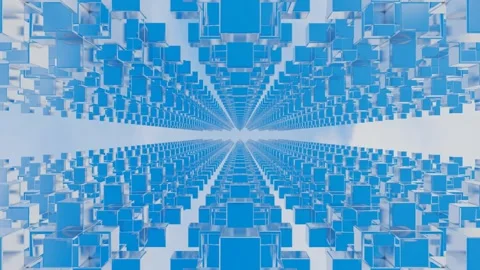 Endless movement inside a tunnel of rows of abstract cubic glossy figures agains Stock Footage 308806028