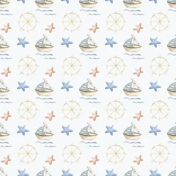 Endless nautical pattern design featuring boats, starfish, and wheels in so.. Stock Illustration