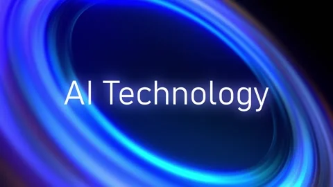 Endless neon blue circle shaped light on dark background with text "AI Technolog Stock-Footage 247690333