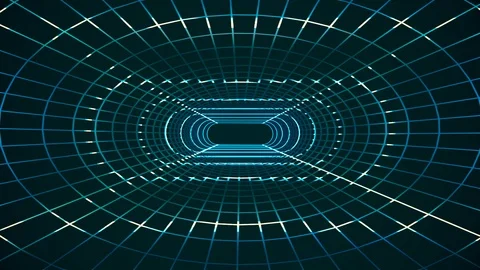 Endless neon lights grid net cyber retro tunnel flight motion graphics animation Video stock 88481608