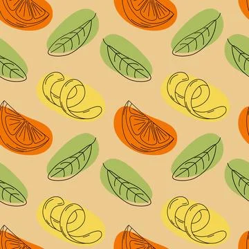 Endless pattern of abstract images of lemon zest, orange slice and green leaf Stock Illustration